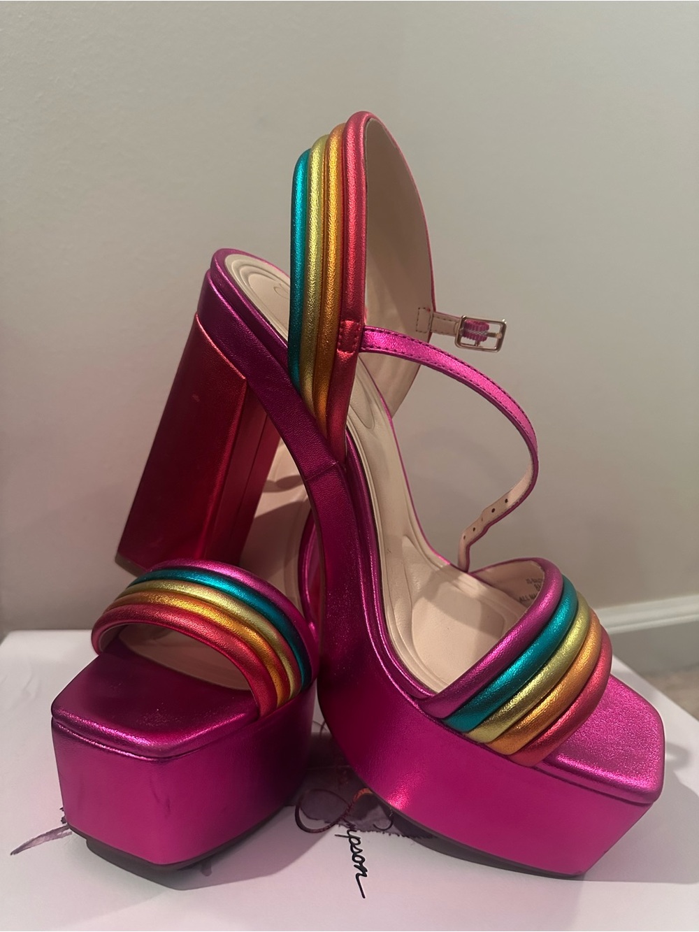 Jessica Simpson metallic Fuchsia Platform Sandals with Rainbow Straps